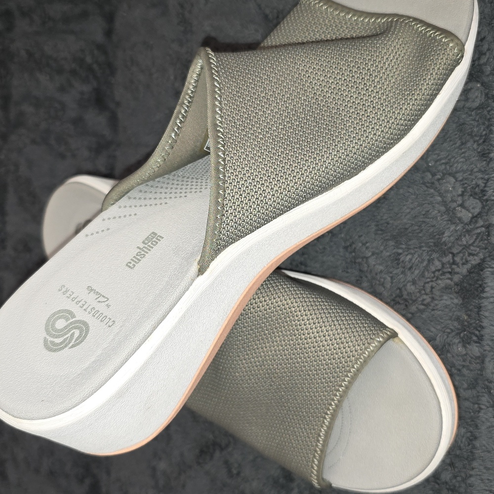 Cloudsteppers by Clarks Metallic Olive Green Slip-On Clogs